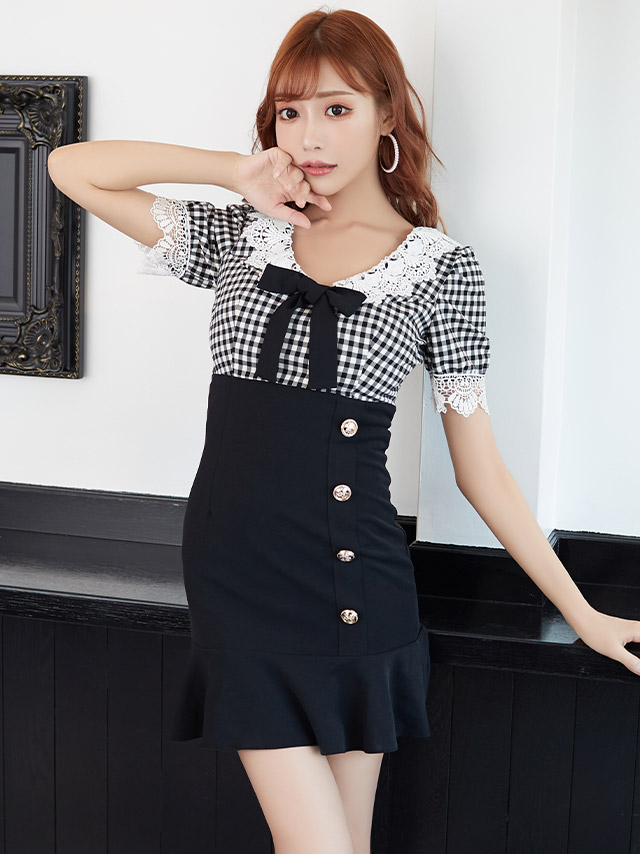 韓国ドレス ギンガムチェック×ケミカルレースリボン裾フリルミニドレス