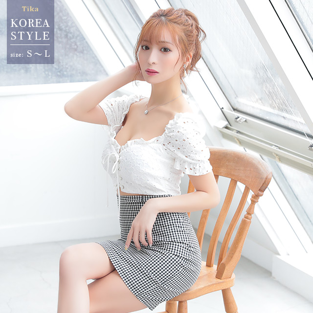 韓国ドレス バスト編み上げフラワー刺繍レースウエストカットチェック柄タイトミニドレス