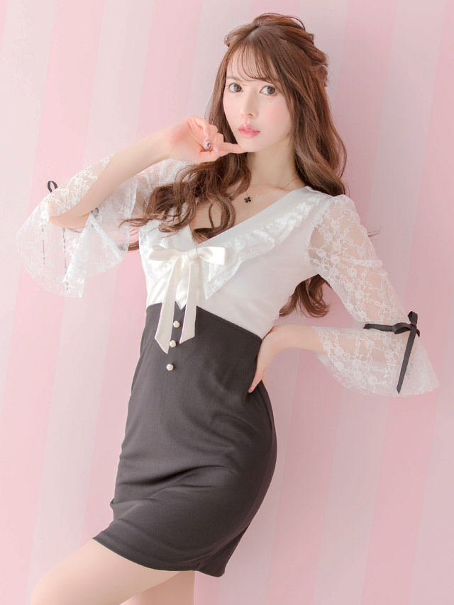 韓国ドレス レースベルスリーブリボンボタンタイトミニドレス