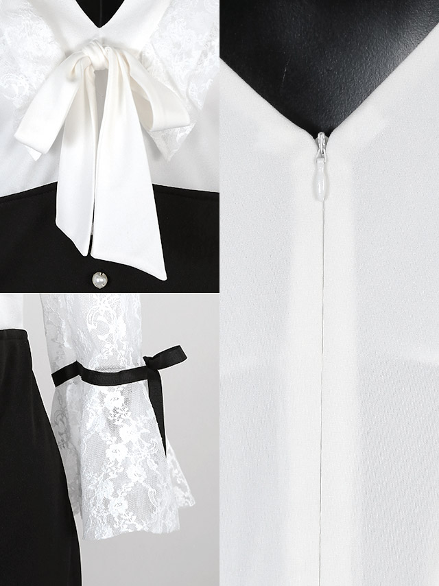 韓国ドレス ベルスリーブレースフリルリボン袖ありタイトミニドレス