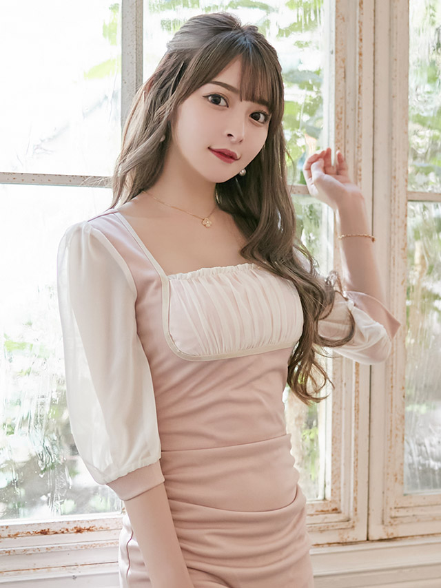 韓国ドレス シフォンギャザー裾フリルミニドレス