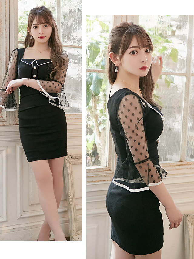 韓国ドレス ドットシースルーベルスリーブタイトミニドレス