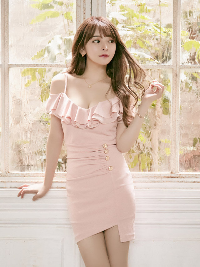 韓国ドレス ショルダーカットアシメントリースカートワンカラータイトミニドレス
