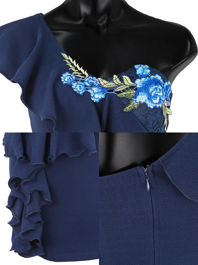 フリルワンショルダーペプラムフラワー刺繍タイトミニドレスの商品詳細