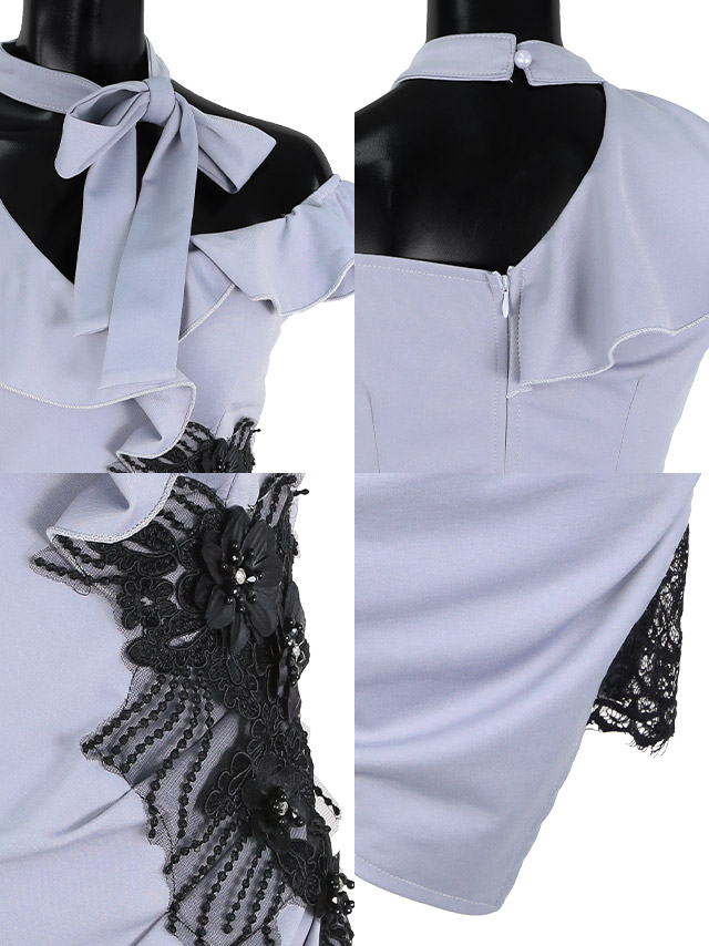 ネックリボンアシメフリルショルダーフラワー刺繍ビジューレースタイトミニドレス