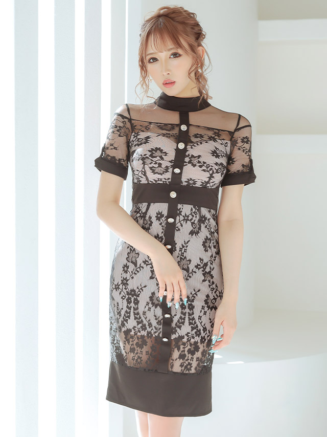 フラワー刺繍オールレースパールビジュータイトミディアムドレス
