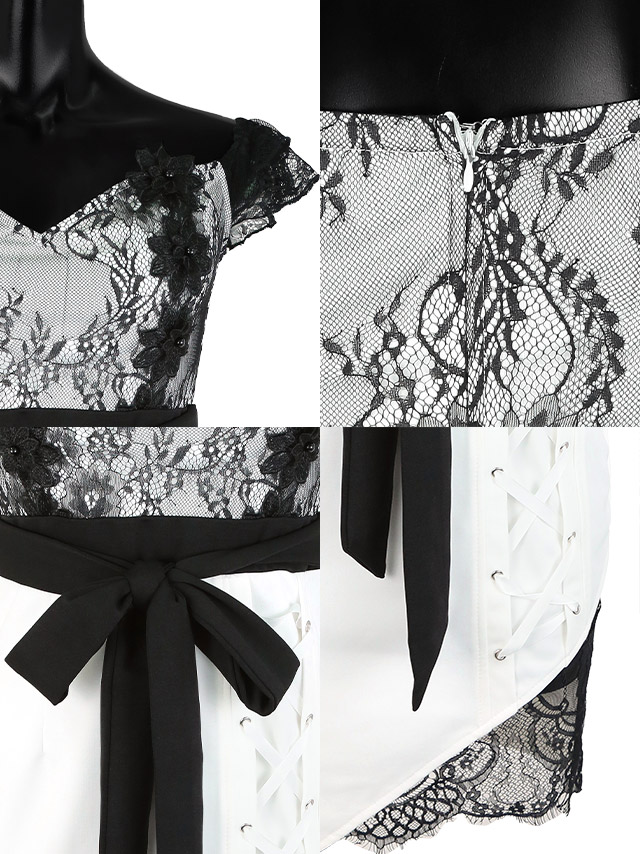 フラワー刺繍オフショルデザインウエストリボンアシメレース切り替えミニドレス
