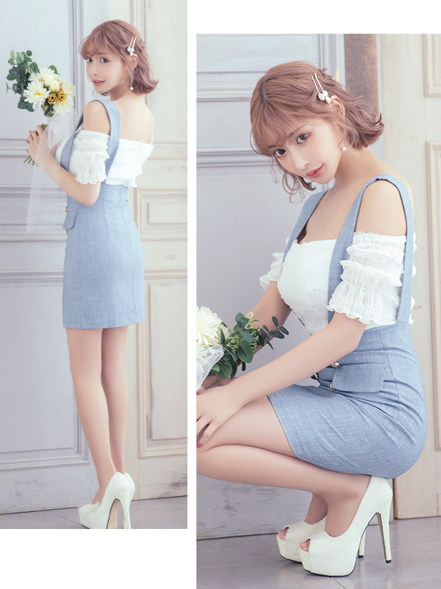 韓国ドレス オフショルギャザーサロペット風タイトドレスミニドレス