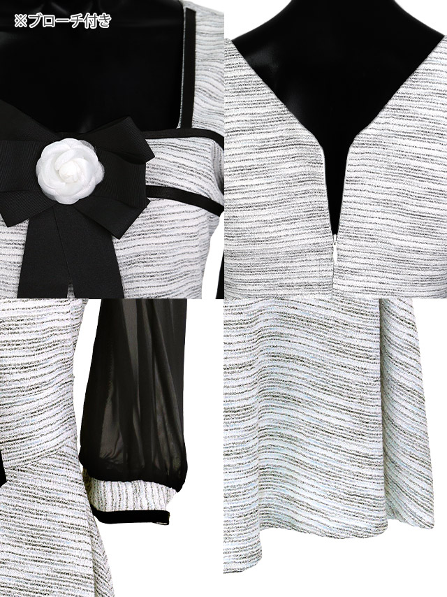 韓国ドレス シフォンパフスリーブネックフラワーブローチツイードフレアミニドレス