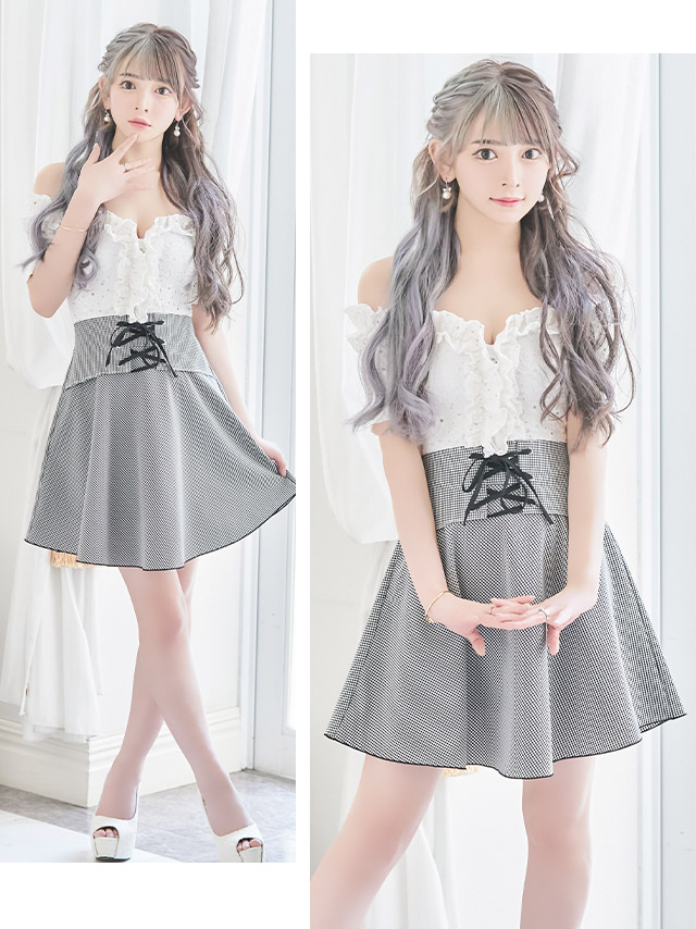 韓国ドレス オフショルレースフリルウエスト編み上げデザインチェックフレアミニドレス