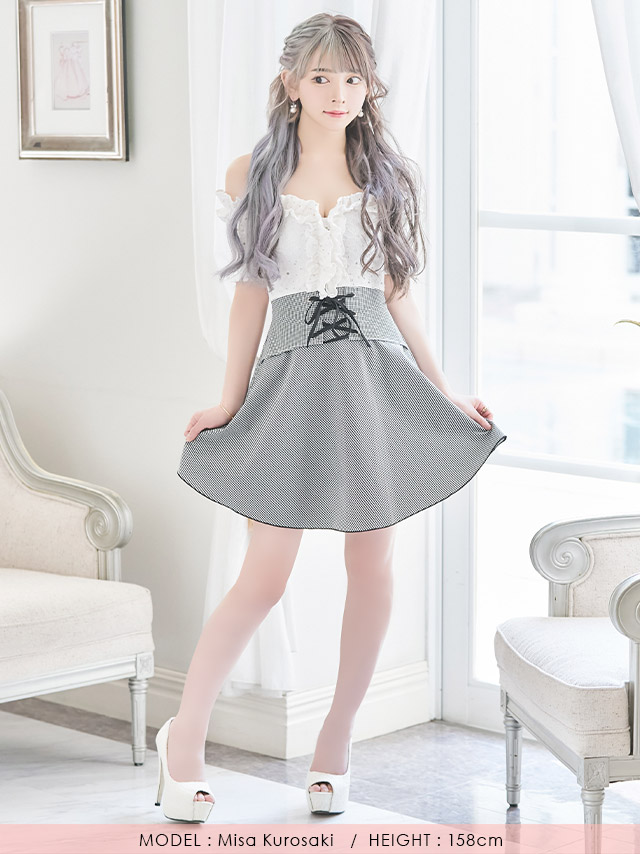 韓国ドレス オフショルレースフリルウエスト編み上げデザインチェックフレアミニドレス