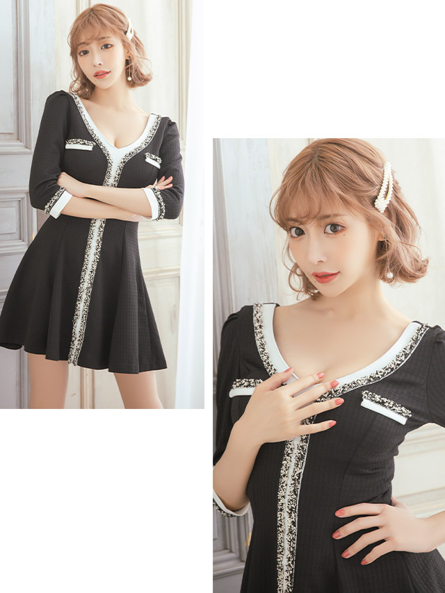 韓国ドレス 異素材モノトーン七分袖フレアミニドレス