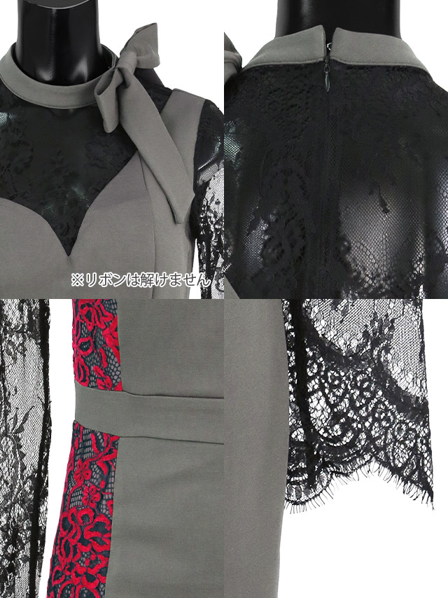 フラワーレースネックリボンサイド刺繍切り替えアシメタイトスリットミニドレスの商品詳細