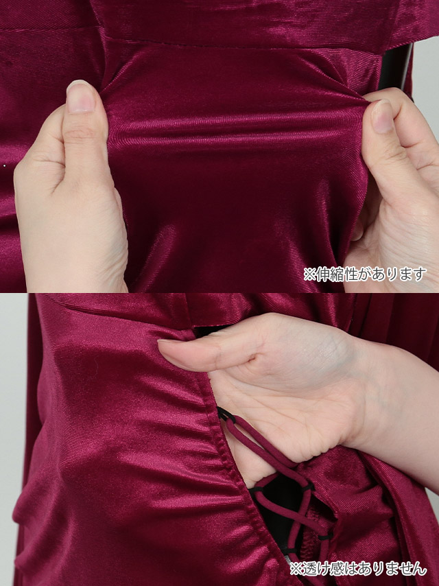 オフショル長袖ファーサイド編み上げベロアタイトミニドレスの商品詳細