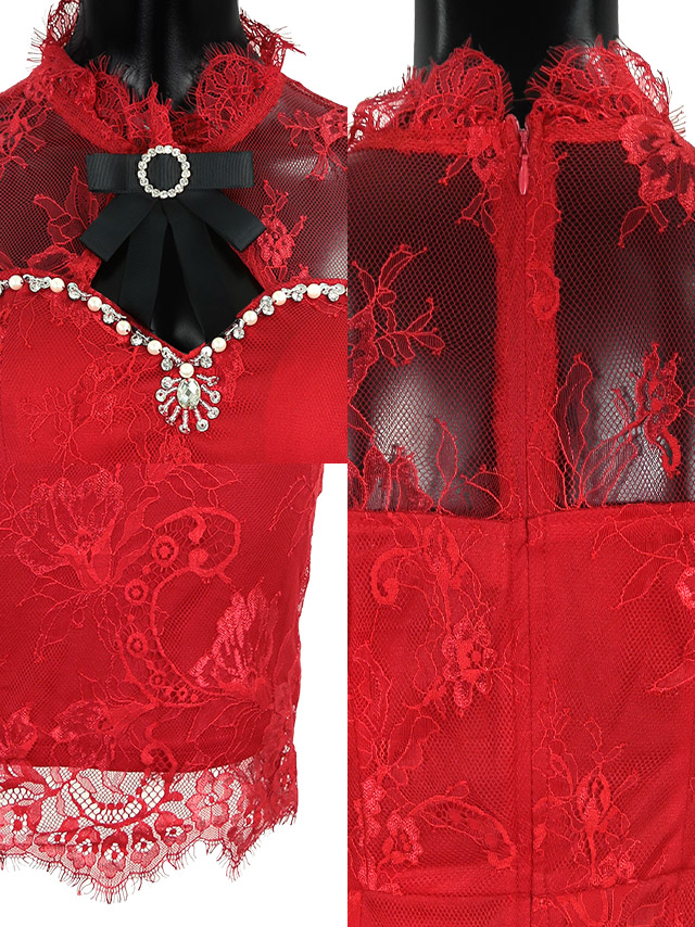 ハイネックフリルリボンブローチ付きオールレースタイトミニドレスの商品詳細