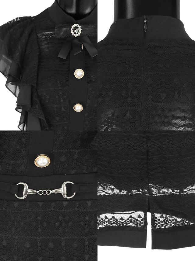 リボンブローチ付きシフォンフリルハイネックレースタイトミニドレスの商品詳細