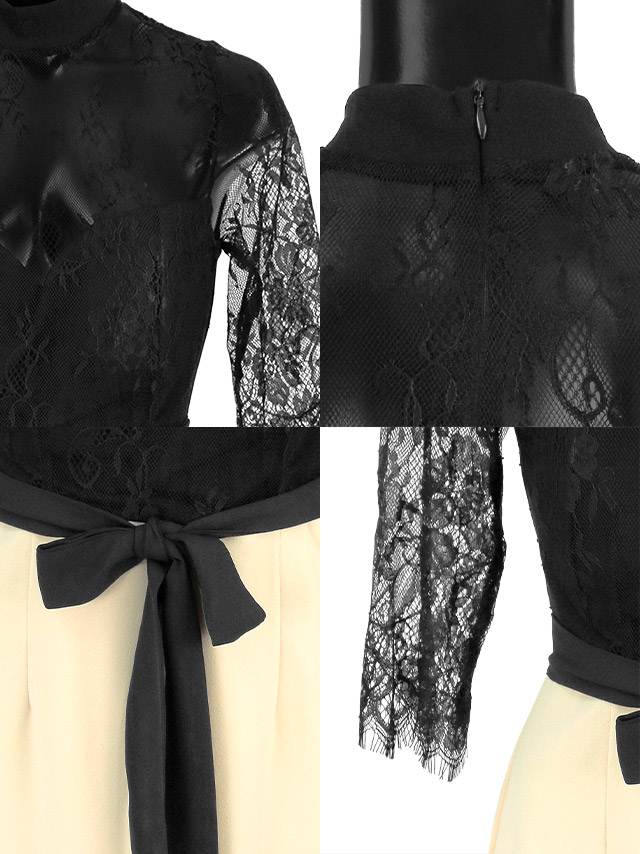 ハイネックブラックフラワーレースウエストリボンミディアムタイトドレスの商品詳細