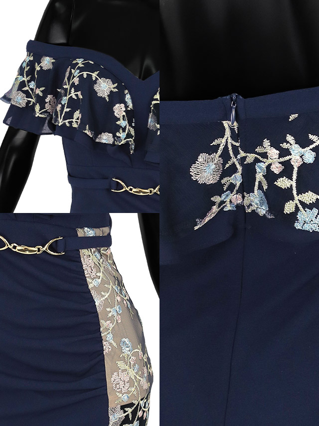 小花柄刺繍デザインボリュームオフショルフリルシアー切り替えタイトミニドレスの商品詳細