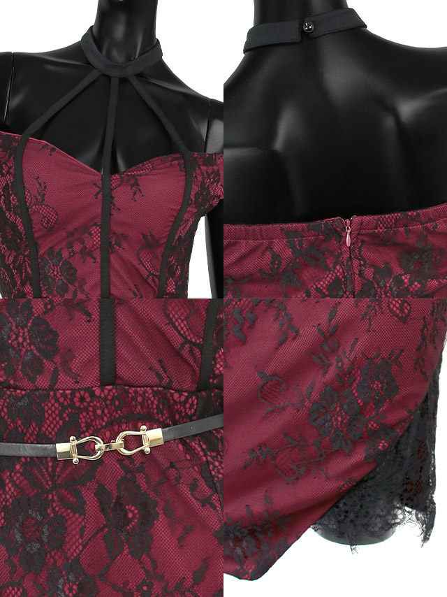 ベルト付きチョーカーネックデザインフラワー総レースタイトミニドレスの商品詳細