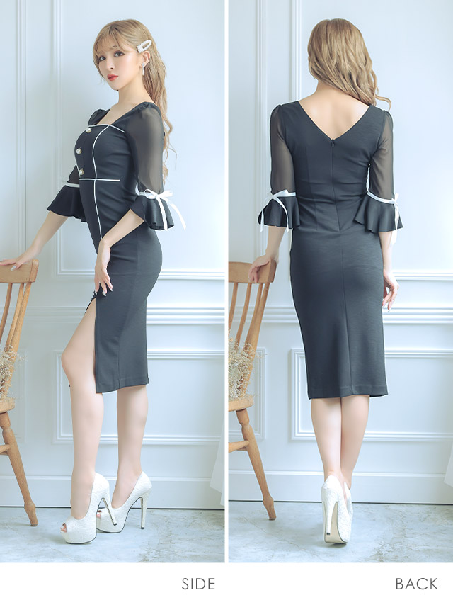韓国ドレス シアーベルスリーブリボンパイピングデザインミディアムスリットドレス