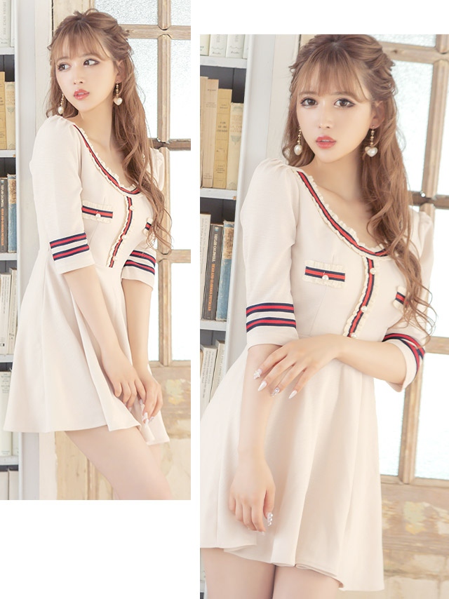 韓国ドレス 異素材配色ラインフレアガーリーミニドレス