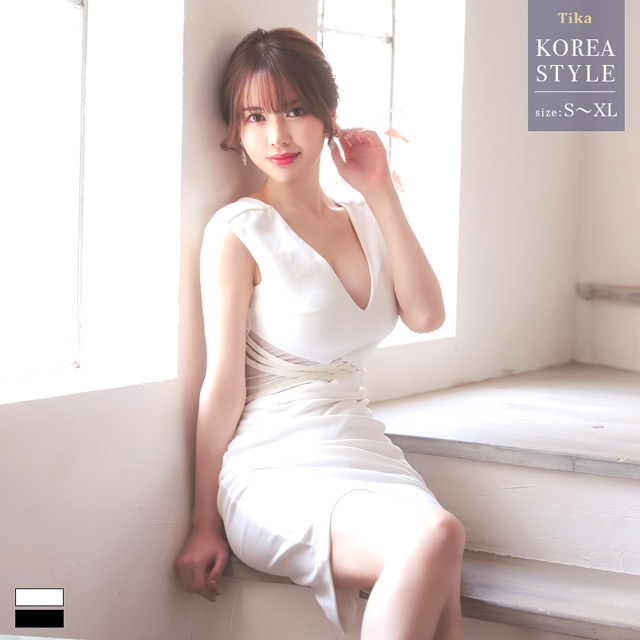 韓国ドレス Vネックノースリーブウエストシースルークロスデザインワンカラーアシメタイトドレス