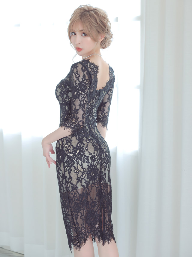 韓国ドレス オールフラワーレースエレガントミディアムスリットドレス