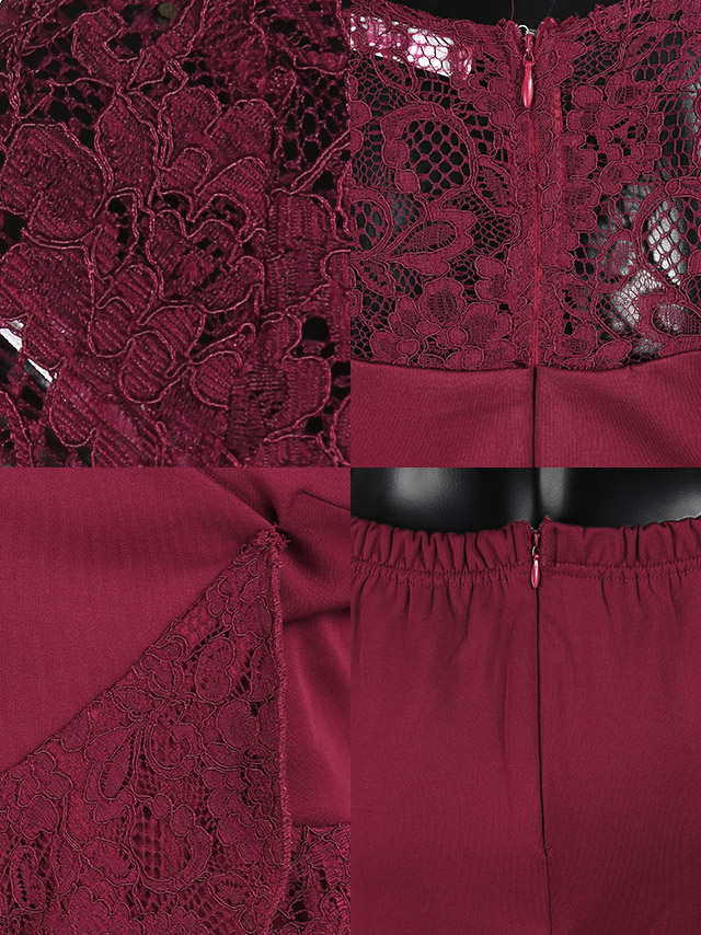 袖ありレースペプラムトップス×タイト裾フリル膝丈スカートセットアップドレスの商品詳細