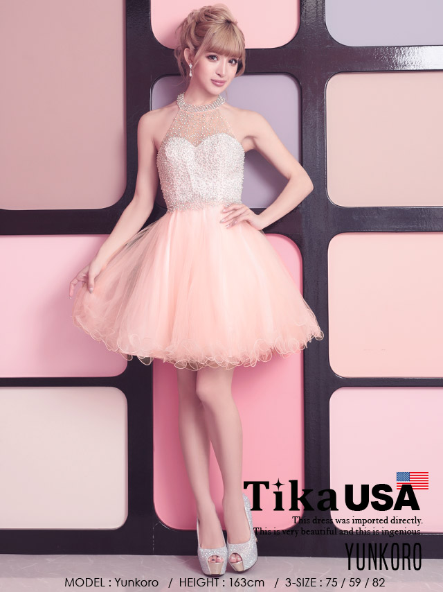 高品質USAドレス キラキラビジューホルターネック×オーガンジーフレアスカートミニドレス