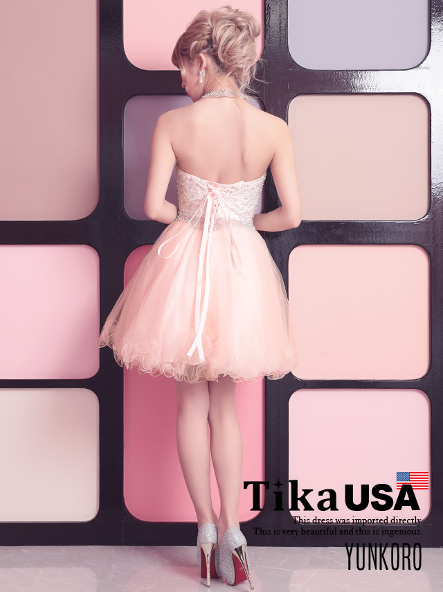 高品質USAドレス キラキラビジューホルターネック×オーガンジーフレアスカートミニドレス