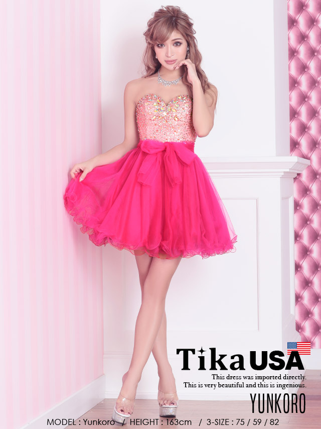 高品質USAドレス 贅沢ビジュー×チュールスカートフレアミニドレス