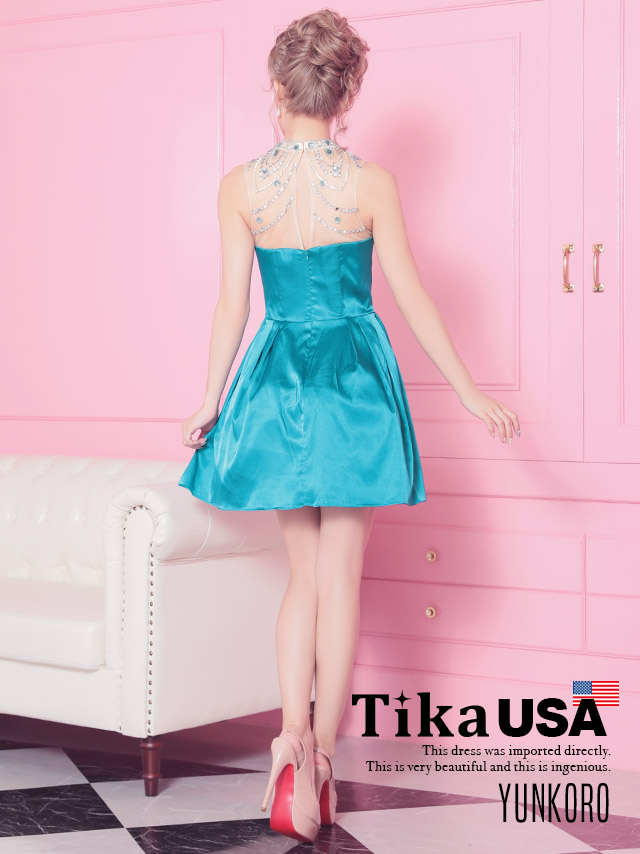 高品質USAドレス 贅沢ビジューベア風メッシュフレアミニドレス