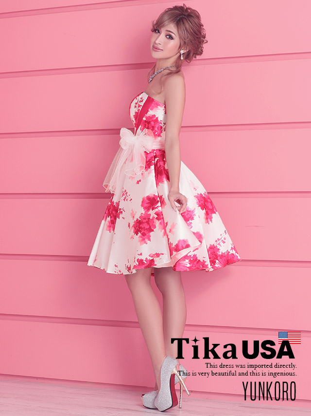 高品質USAドレス フラワープリントフレアミディ丈ドレス