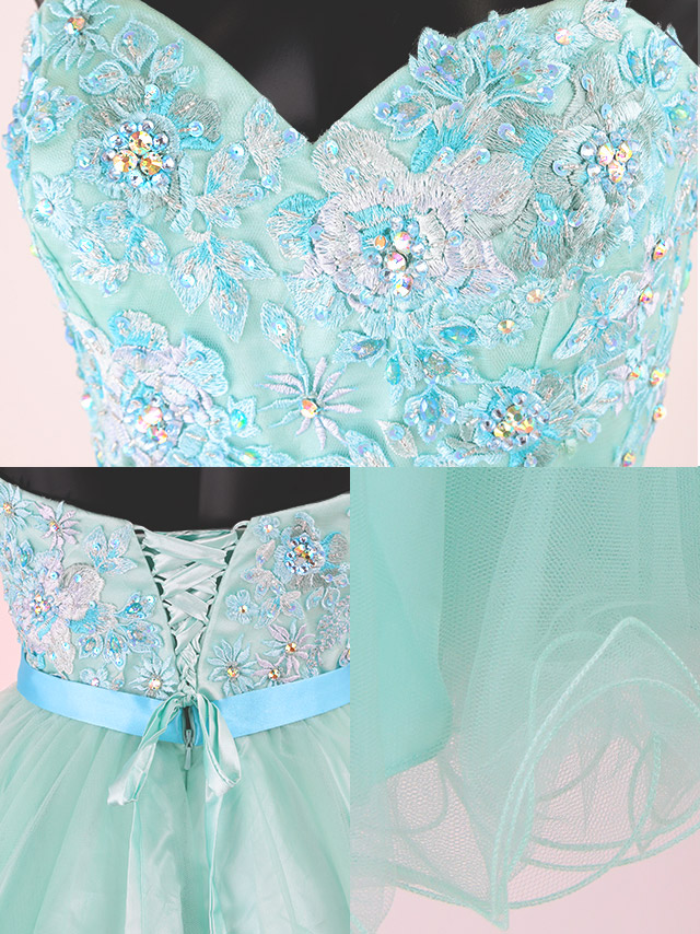 高品質USAドレス 花柄刺繍スパンコールチュールスカートフレアミニドレス