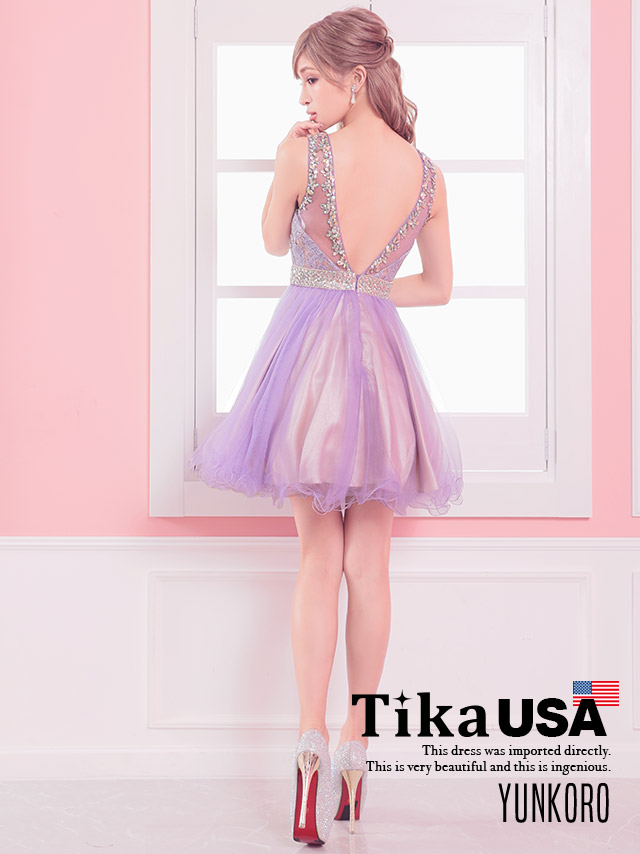 高品質USAドレス 花柄刺繍ウエストビジューフレアミニドレス