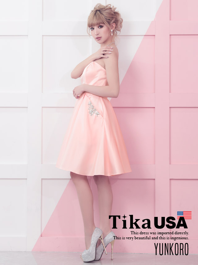 高品質USAドレス ビジューポケットサテンプリーツフレアベアミニドレス