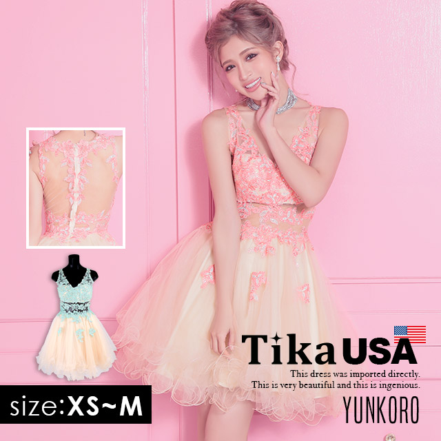 高品質USAドレス Tika ティカフラワー刺繍×贅沢ビジューメッシュチュールミニドレス