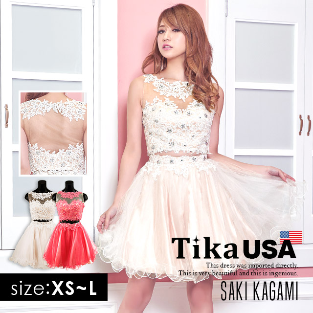 高品質USAドレス ゴージャス花柄刺繍メッシュデザインツーピスフレアミニドレス