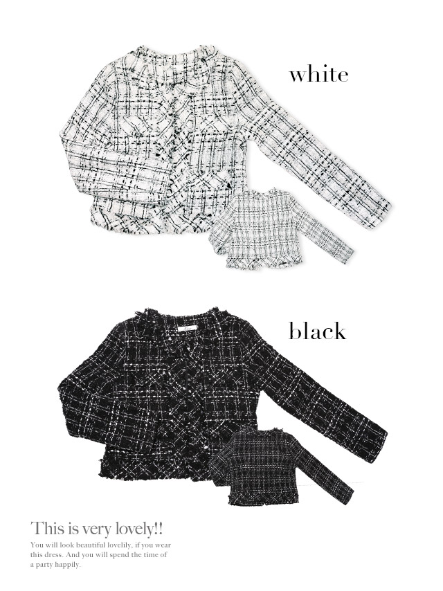 ポケット付きノーカラーツイードジャケット (ホワイト/ブラック) (Mサイズ/Lサイズ) (美咲あいり/ジャケット着用) 