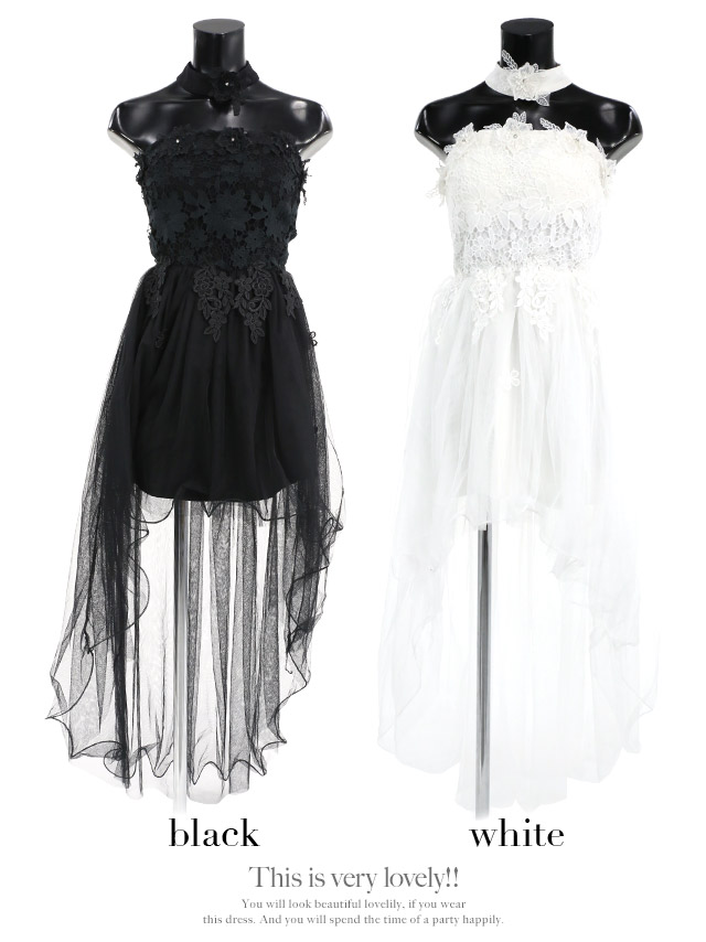 刺繍レースアシメスカートオフショルタイトミニドレス (ホワイト/ブラック) (Sサイズ/Mサイズ) 