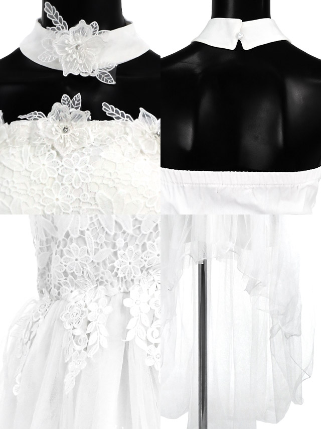 刺繍レースアシメスカートオフショルタイトミニドレス (ホワイト/ブラック) (Sサイズ/Mサイズ) 